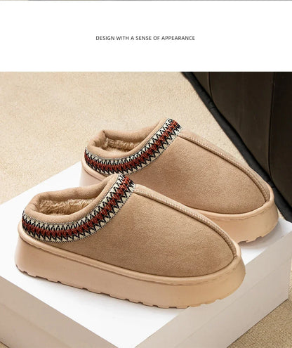 Hot Winter Women Slippers Plush Interior Anti Slip Thick Sole Fashion Embroidered Warm House Shoes for Ladies