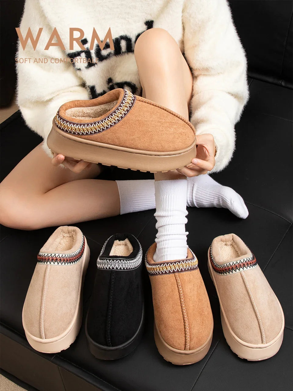 Hot Winter Women Slippers Plush Interior Anti Slip Thick Sole Fashion Embroidered Warm House Shoes for Ladies